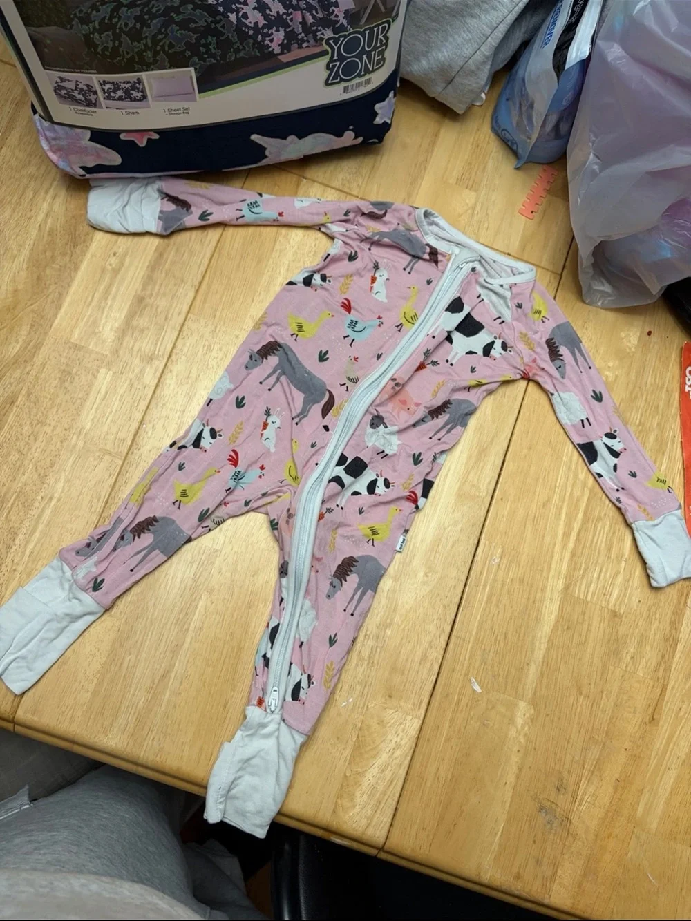 Little Sleepies Pink Farm Animal Zip Footie